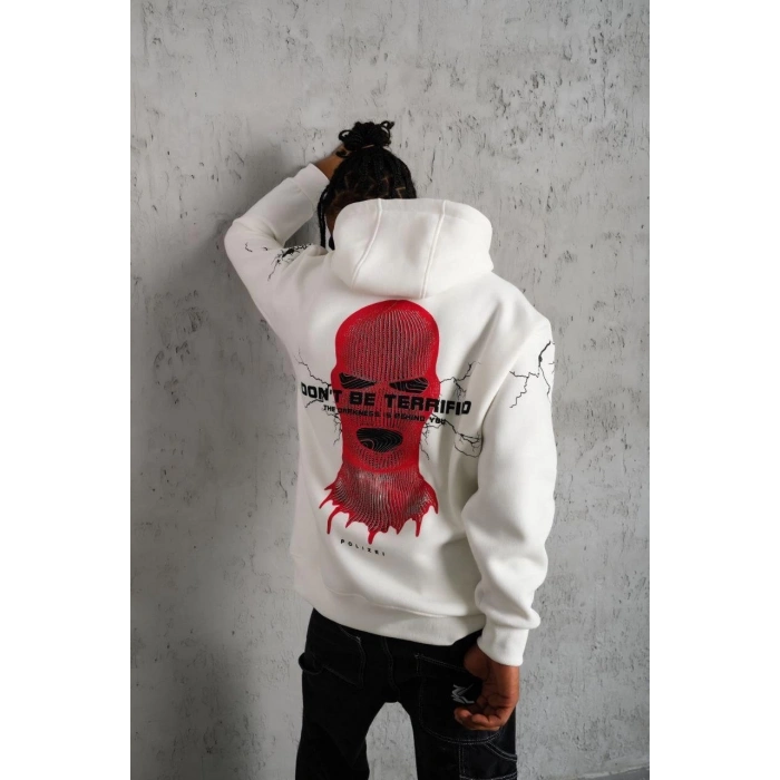 Erkek Oversize Üç İplik Kapüşonlu Sweatshirt – “Don’t Be Terrified” Ön, Sırt ve Kol Baskılı, Kanguru Cepli, Ribanalı Rahat Model - Beyaz