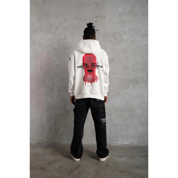 Erkek Oversize Üç İplik Kapüşonlu Sweatshirt – “Don’t Be Terrified” Ön, Sırt ve Kol Baskılı, Kanguru Cepli, Ribanalı Rahat Model - Beyaz