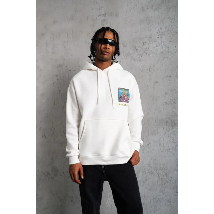 ERKEK PATEL SİX BASKILI KAPÜŞONLU SWEAT - BEYAZ