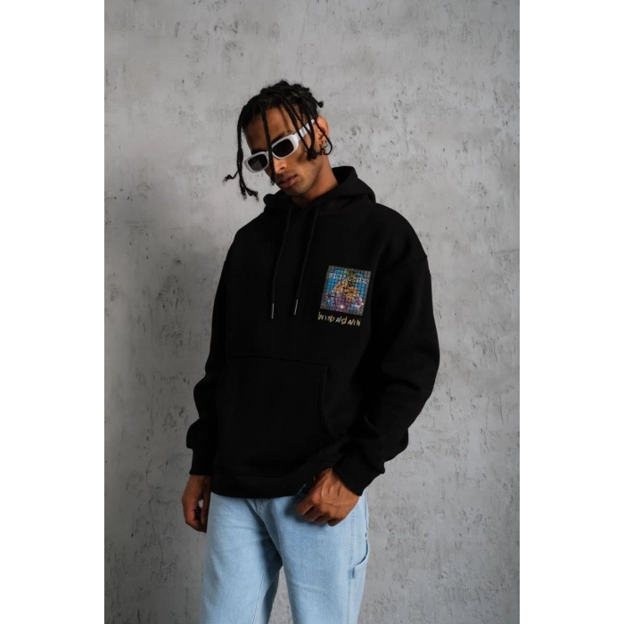 ERKEK PATEL SİX BASKILI KAPÜŞONLU SWEAT - SİYAH