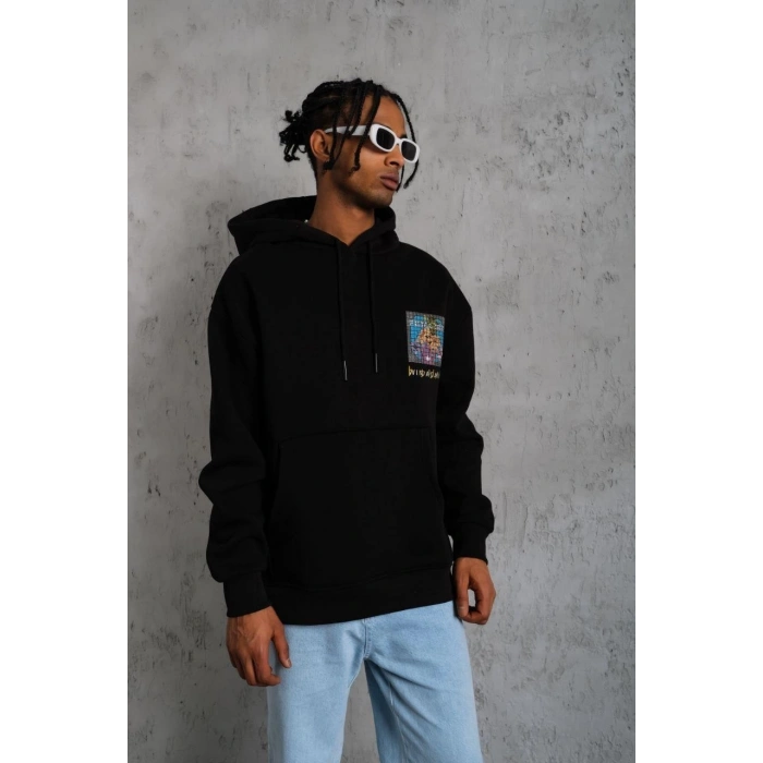 ERKEK PATEL SİX BASKILI KAPÜŞONLU SWEAT - SİYAH