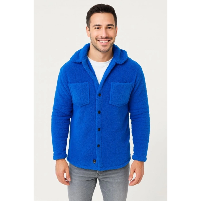 Erkek Pelüş Polar Hırka Gömlek – Yakalı, İlik Düğmeli, Göğüs Cepli, Yumuşak Dokulu Kışlık Regular Fit Rahat Günlük Model - Saks Mavisi