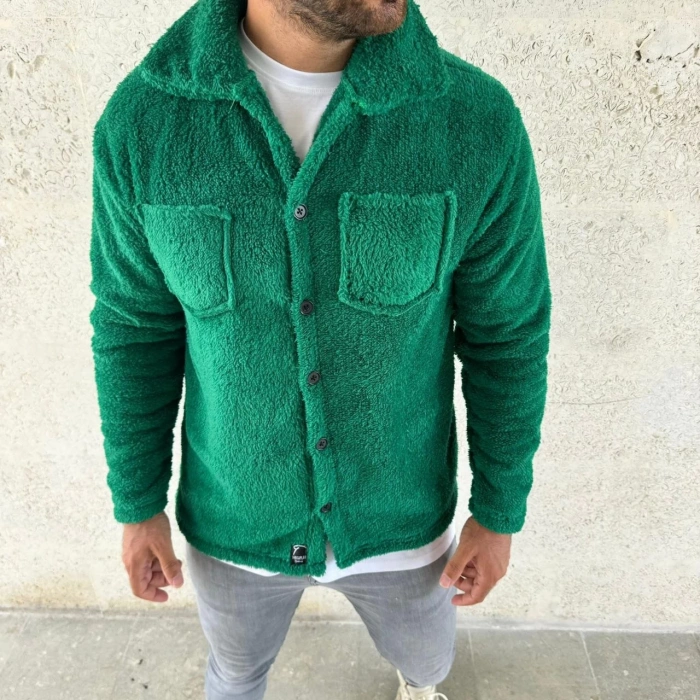 Erkek Pelüş Polar Hırka Gömlek – Yakalı, İlik Düğmeli, Göğüs Cepli, Yumuşak Dokulu Kışlık Regular Fit Rahat Günlük Model - Çimen Yeşili