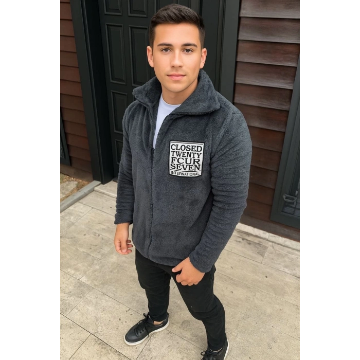 Erkek Polar Fermuarlı Sweatshirt – Kapüşonsuz, Cepli, Yumuşak Dokulu, Oversize Rahat Kalıp, Kışlık Sıcak Tutan Fermuarlı Üst - Füme
