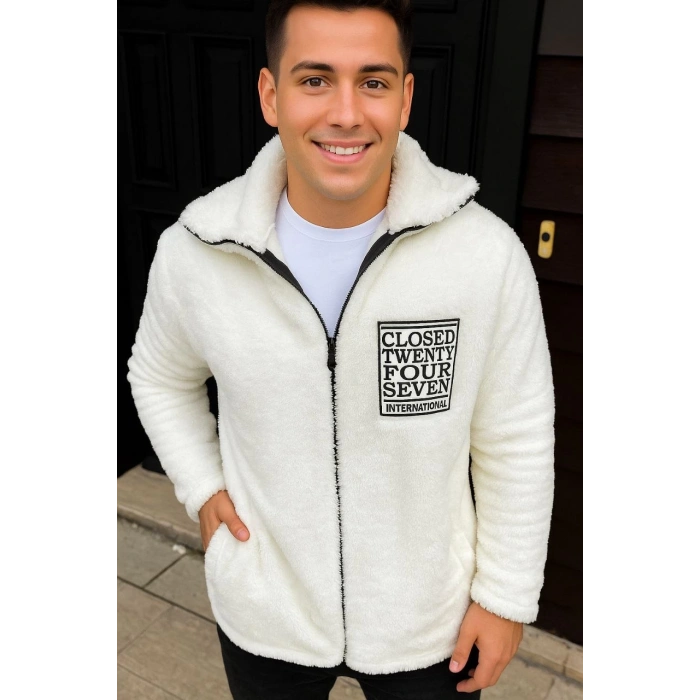 Erkek Polar Fermuarlı Sweatshirt – Kapüşonsuz, Cepli, Yumuşak Dokulu, Oversize Rahat Kalıp, Kışlık Sıcak Tutan Fermuarlı Üst - Beyaz