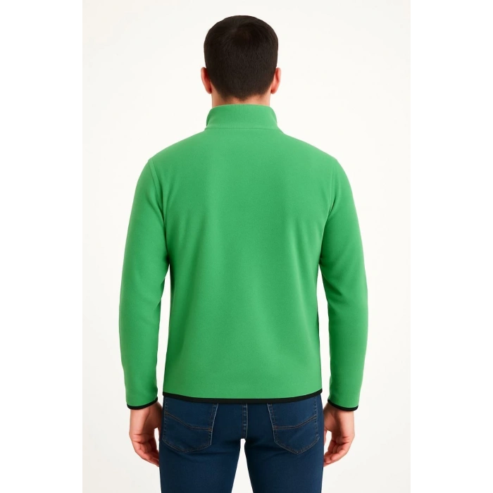 Erkek Polar Kazak – Dik Yaka, Yarım Fermuarlı, Fermuarlı Göğüs Cepli, Siyah Biyeli, Kışlık Rahat Regular Fit Günlük Model - Yeşil