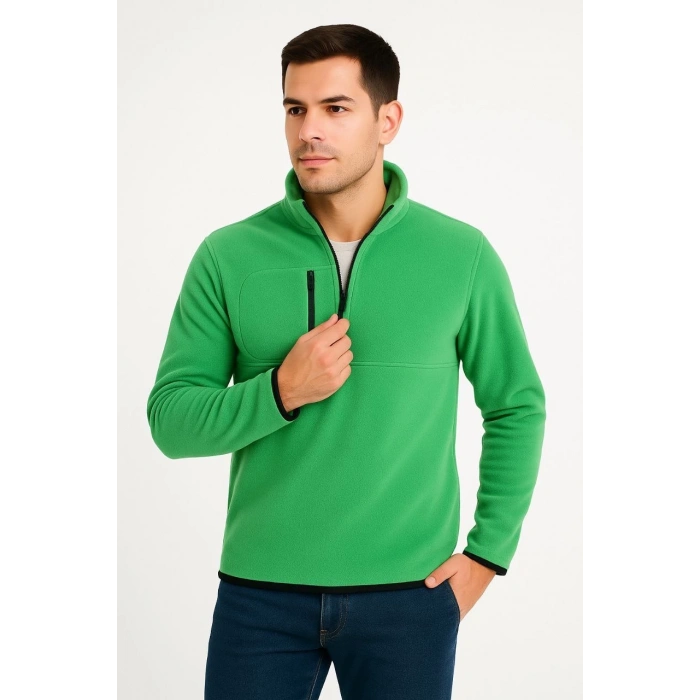 Erkek Polar Kazak – Dik Yaka, Yarım Fermuarlı, Fermuarlı Göğüs Cepli, Siyah Biyeli, Kışlık Rahat Regular Fit Günlük Model - Yeşil