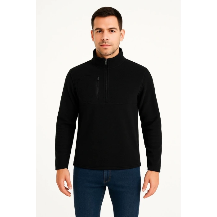 Erkek Polar Kazak – Dik Yaka, Yarım Fermuarlı, Fermuarlı Göğüs Cepli, Siyah Biyeli, Kışlık Rahat Regular Fit Günlük Model - Siyah