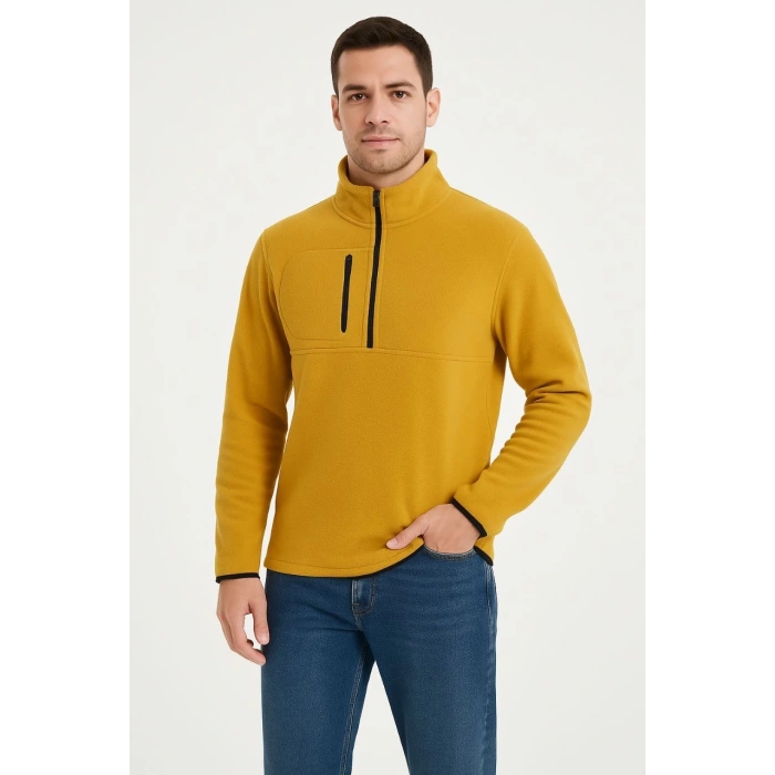 Erkek Polar Kazak – Dik Yaka, Yarım Fermuarlı, Fermuarlı Göğüs Cepli, Siyah Biyeli, Kışlık Rahat Regular Fit Günlük Model - Sarı