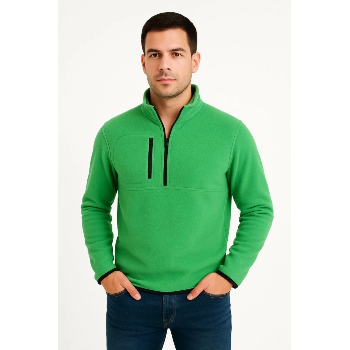 Erkek Polar Kazak – Dik Yaka, Yarım Fermuarlı, Fermuarlı Göğüs Cepli, Siyah Biyeli, Kışlık Rahat Regular Fit Günlük Model - Yeşil