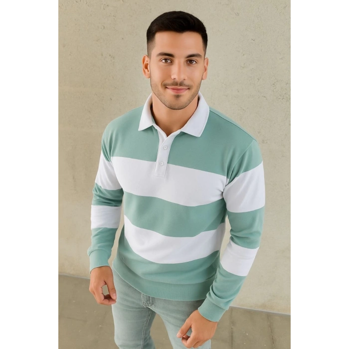 Erkek Polo Yaka Uzun Kollu Çizgili Sweatshirt Trend Rugby Stil - Çağla Yeşili