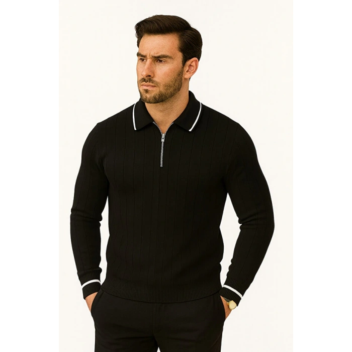 Erkek Polo Yaka Yarım Fermuarlı Regular Fit Kalıp Basic Düz Triko Kazak
