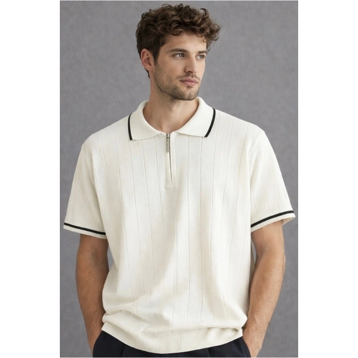 erkek premium kalite rahat kalıp pamuklu yarım fermuarlı triko tişört Beyaz