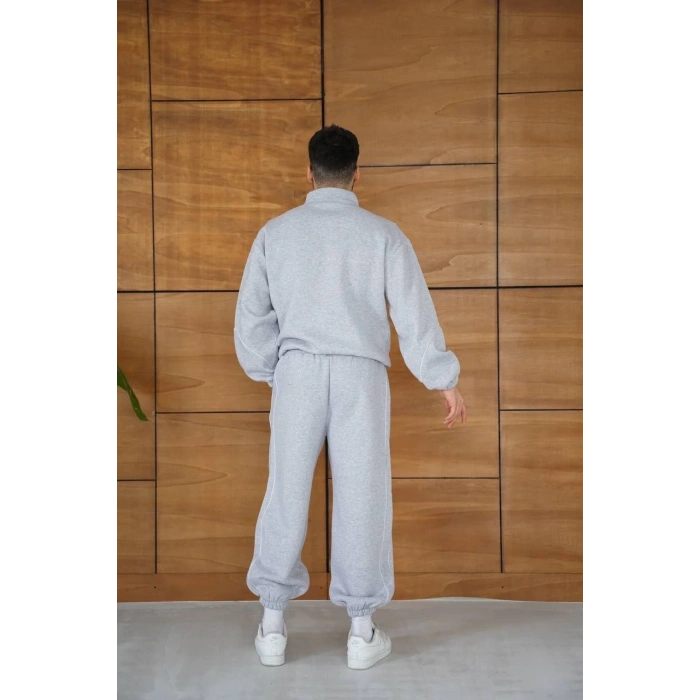 Erkek Premium Parçalı Eşofman Takım - Dik Yaka Fermuarlı Biyeli Sweatshirt Lastik Paça Alt, Oversize 3 iplik Şardonlu - Gri
