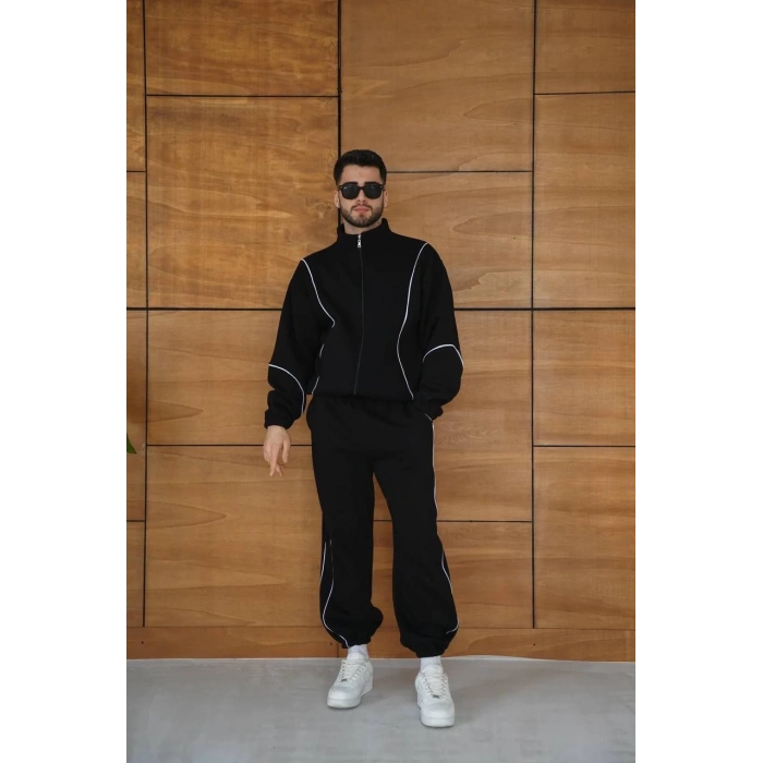 Erkek Premium Parçalı Eşofman Takım - Dik Yaka Fermuarlı Biyeli Sweatshirt Lastik Paça Alt, Oversize 3 iplik Şardonlu - Siyah