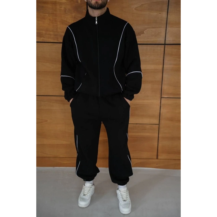 Erkek Premium Parçalı Eşofman Takım - Dik Yaka Fermuarlı Biyeli Sweatshirt Lastik Paça Alt, Oversize 3 iplik Şardonlu - Siyah