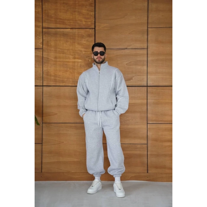 Erkek Premium Parçalı Eşofman Takım - Dik Yaka Fermuarlı Biyeli Sweatshirt Lastik Paça Alt, Oversize 3 iplik Şardonlu - Gri