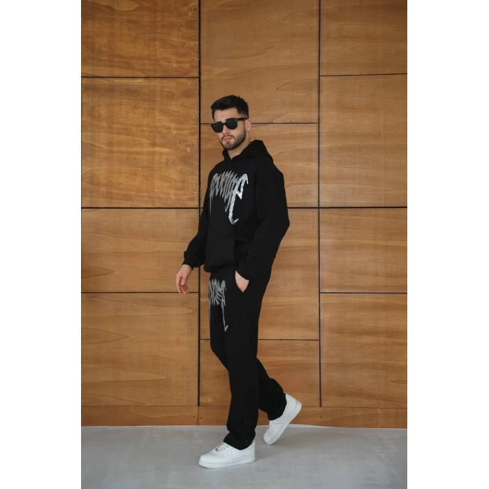 Erkek Premium Taş Baskılı Eşofman Takım Revenge Model (Siyah) Kapüşonlu Üst + Taşlı Baskılı Alt Modern Streetwear Tarzı Oversize Rahat Kalıp 3 iplik Pamuklu - Siyah