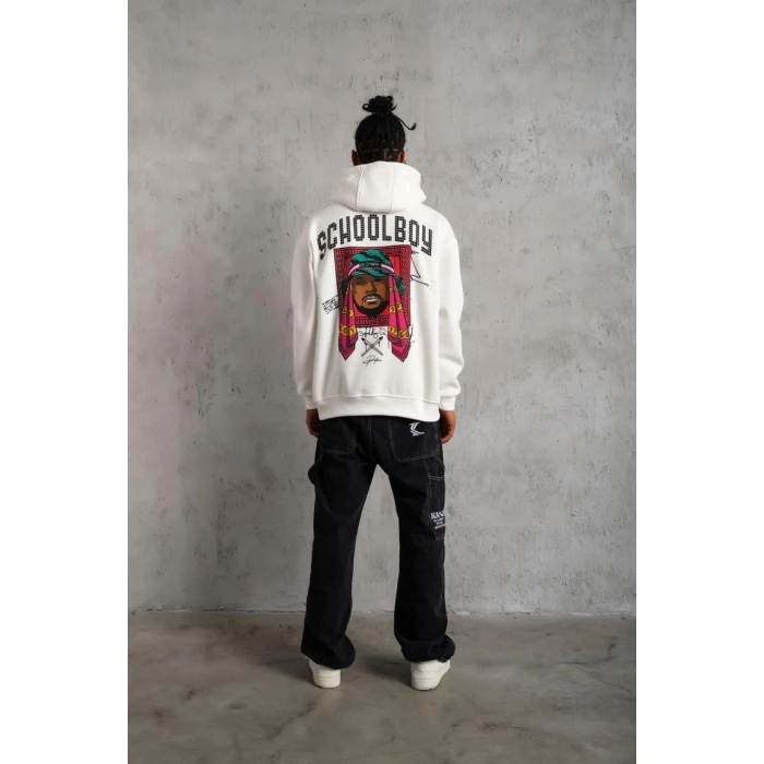 ERKEK SCHOOL BOY BASKILI KAPÜŞONLU SWEAT - BEYAZ