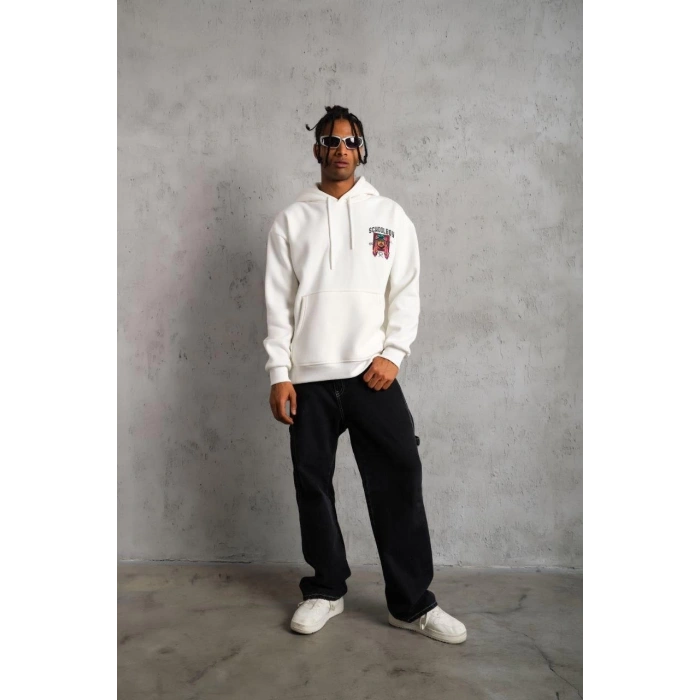 ERKEK SCHOOL BOY BASKILI KAPÜŞONLU SWEAT - BEYAZ