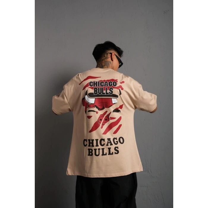 Erkek Sırt Baskılı A Kalite Oversize T-shirt - Bej