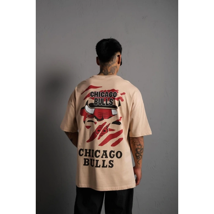 Erkek Sırt Baskılı A Kalite Oversize T-shirt - Bej
