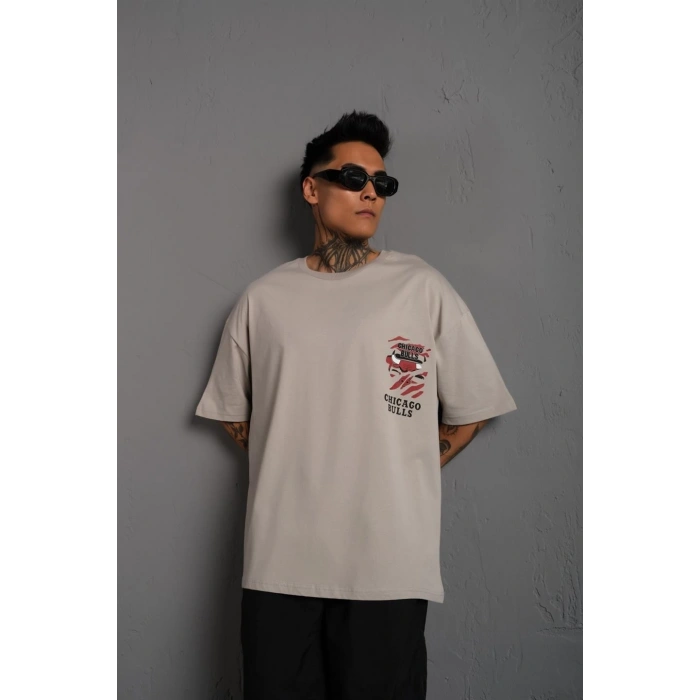 Erkek Sırt Baskılı A Kalite Oversize T-shirt - Gri