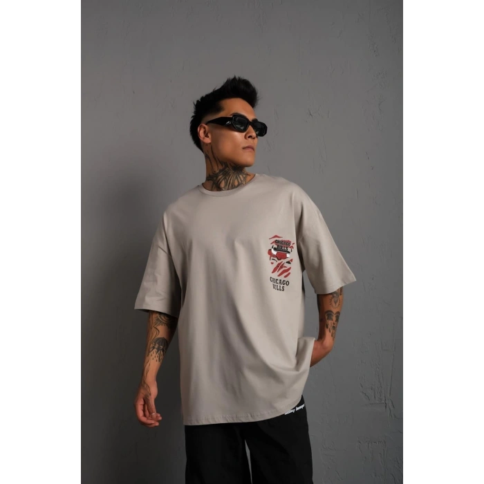 Erkek Sırt Baskılı A Kalite Oversize T-shirt - Gri