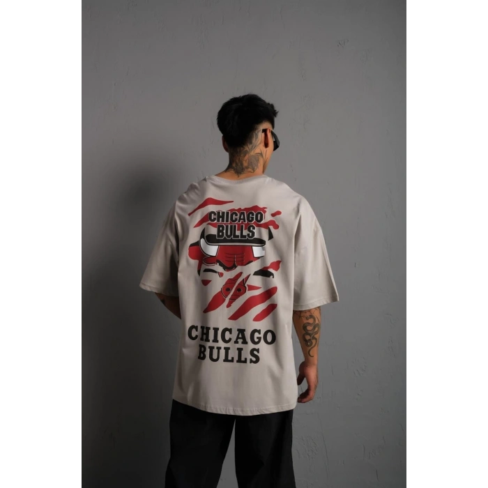 Erkek Sırt Baskılı A Kalite Oversize T-shirt - Gri