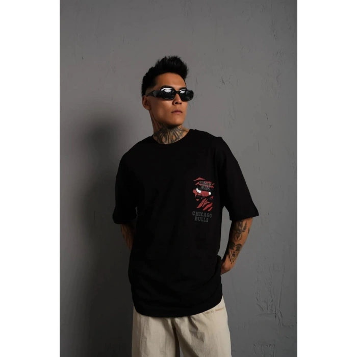 Erkek Sırt Baskılı A Kalite Oversize T-shirt - Siyah