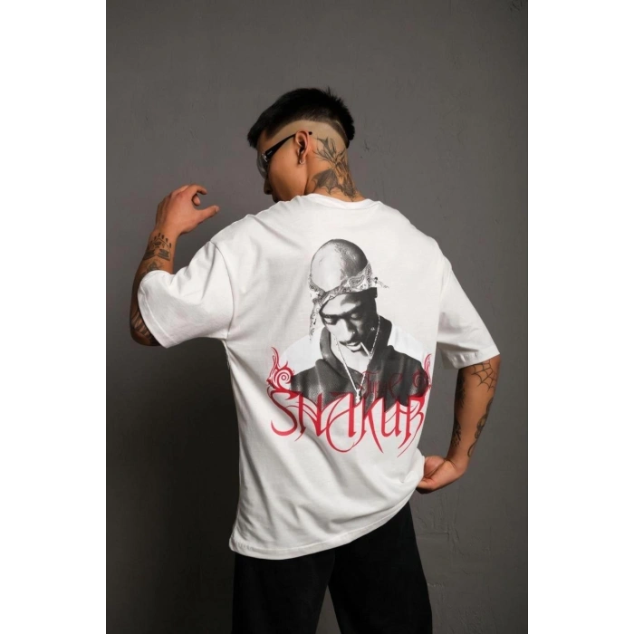 Erkek Oversize Tişört – Beyaz 24/1 Penye Kumaş, Bisiklet Yaka, Ön & Arka Baskılı, Streetwear Tarzı Rahat Büyük Kalıp T-Shirt- Beyaz