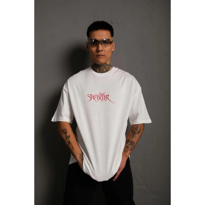 Erkek Oversize Tişört – Beyaz 24/1 Penye Kumaş, Bisiklet Yaka, Ön & Arka Baskılı, Streetwear Tarzı Rahat Büyük Kalıp T-Shirt- Beyaz