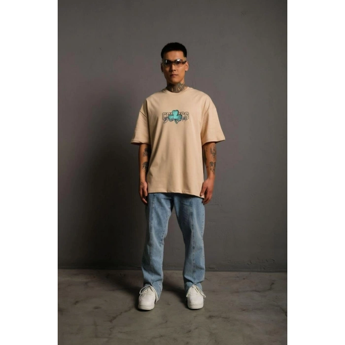 Erkek Sırt Baskılı T-shirt - Bej