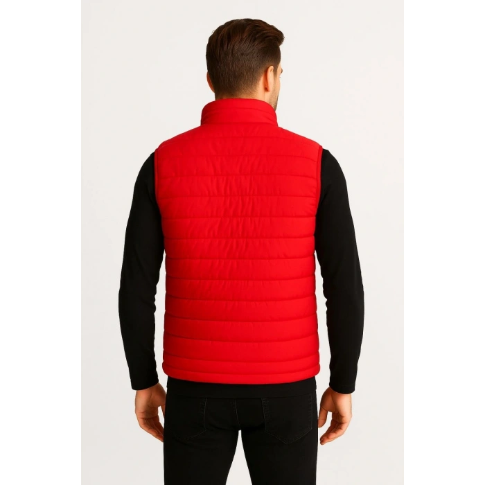 ERKEK ŞİŞME FERMUARLI YELEK SU İTİCİ KAPİTONE ASTARLI KUMAŞ CEPLİ HAFİF KIŞLIK SPOR RAHAT KALIP - KIRMIZI