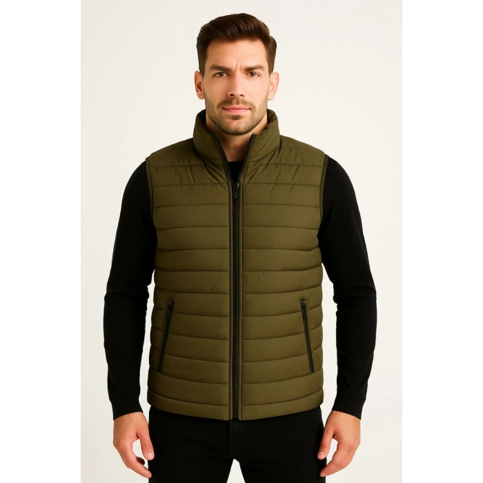 ERKEK ŞİŞME FERMUARLI YELEK SU İTİCİ KAPİTONE ASTARLI KUMAŞ CEPLİ HAFİF KIŞLIK SPOR RAHAT KALIP - HAKİ