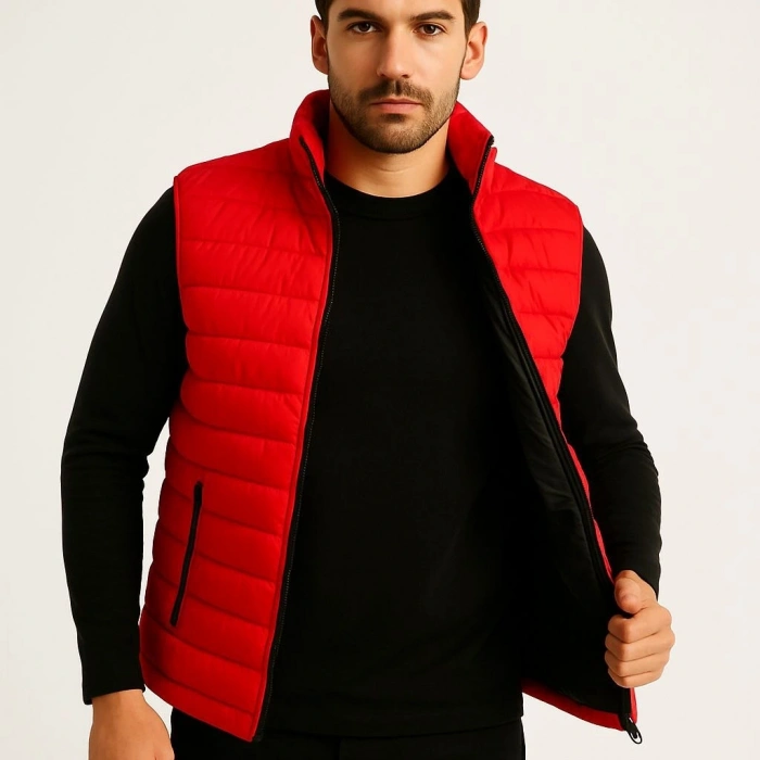 ERKEK ŞİŞME FERMUARLI YELEK SU İTİCİ KAPİTONE ASTARLI KUMAŞ CEPLİ HAFİF KIŞLIK SPOR RAHAT KALIP - KIRMIZI