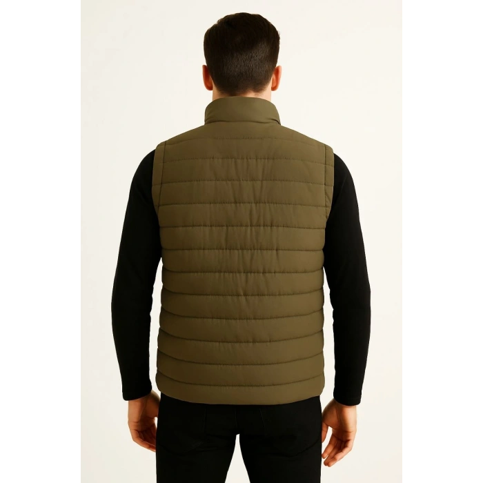 ERKEK ŞİŞME FERMUARLI YELEK SU İTİCİ KAPİTONE ASTARLI KUMAŞ CEPLİ HAFİF KIŞLIK SPOR RAHAT KALIP - HAKİ