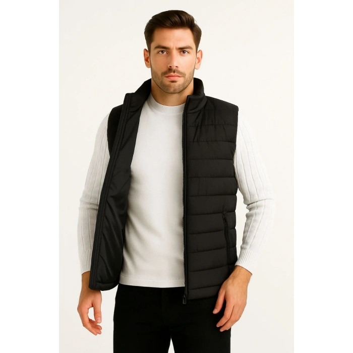 Erkek Şişme Fermuarlı Yelek Su itici Kapitone Astarlı Kumaş Cepli Hafif Kışlık Spor Rahat Kalıp - Siyah