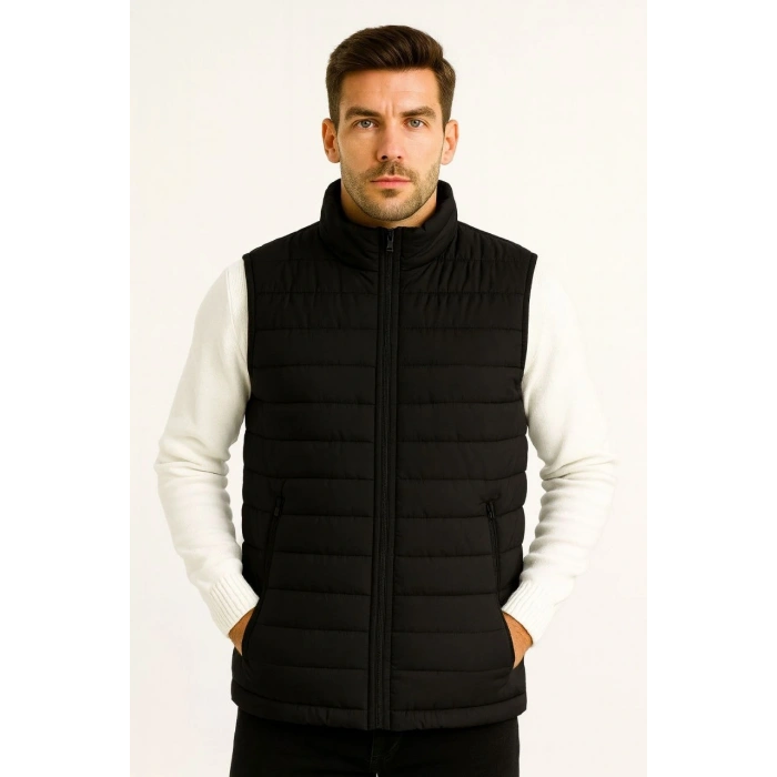 Erkek Şişme Fermuarlı Yelek Su itici Kapitone Astarlı Kumaş Cepli Hafif Kışlık Spor Rahat Kalıp - Siyah