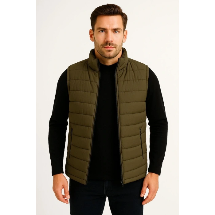 ERKEK ŞİŞME FERMUARLI YELEK SU İTİCİ KAPİTONE ASTARLI KUMAŞ CEPLİ HAFİF KIŞLIK SPOR RAHAT KALIP - HAKİ