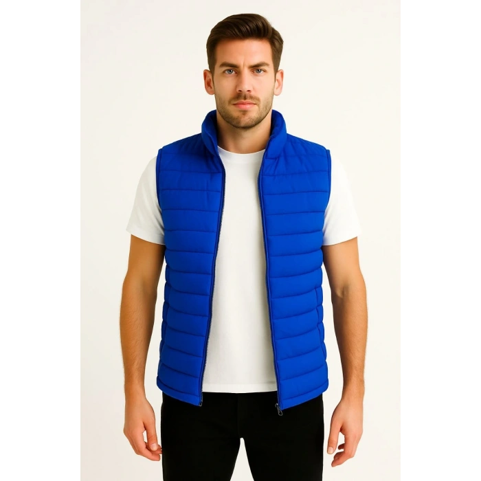 Erkek Şişme Fermuarlı Yelek Su itici Kapitone Astarlı Kumaş Cepli Hafif Kışlık Spor Rahat Kalıp - Saks Mavisi