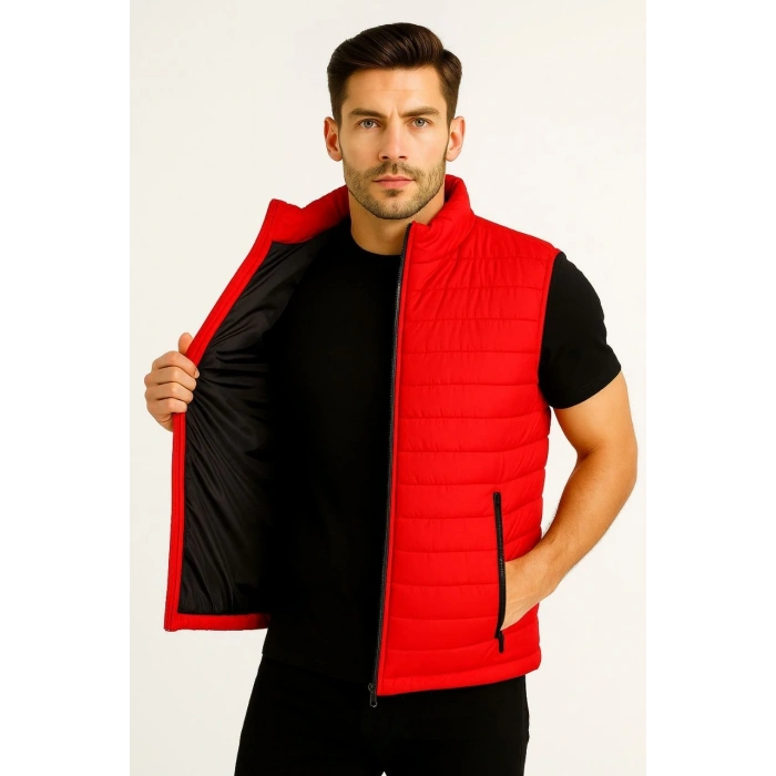 ERKEK ŞİŞME FERMUARLI YELEK SU İTİCİ KAPİTONE ASTARLI KUMAŞ CEPLİ HAFİF KIŞLIK SPOR RAHAT KALIP - KIRMIZI