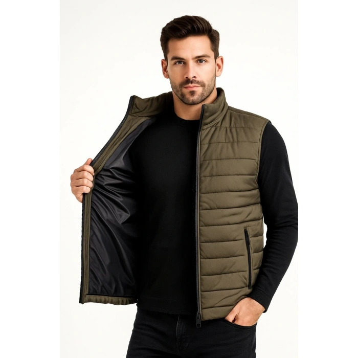 ERKEK ŞİŞME FERMUARLI YELEK SU İTİCİ KAPİTONE ASTARLI KUMAŞ CEPLİ HAFİF KIŞLIK SPOR RAHAT KALIP - HAKİ