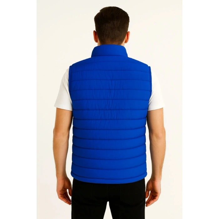 Erkek Şişme Fermuarlı Yelek Su itici Kapitone Astarlı Kumaş Cepli Hafif Kışlık Spor Rahat Kalıp - Saks Mavisi