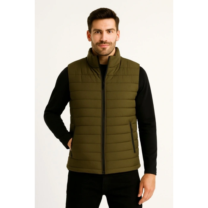 ERKEK ŞİŞME FERMUARLI YELEK SU İTİCİ KAPİTONE ASTARLI KUMAŞ CEPLİ HAFİF KIŞLIK SPOR RAHAT KALIP - HAKİ