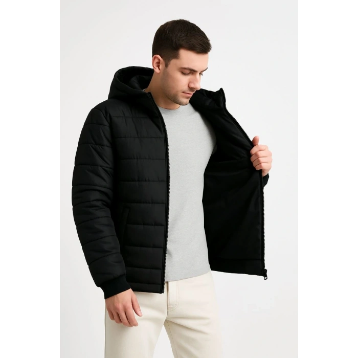 ERKEK ŞİŞME KAPÜŞONLU FERMUARLI MONT SU İTİCİ KAPİTONE ASTARLI KUMAŞ CEPLİ KIŞLIK RAHAT KALIP - SİYAH