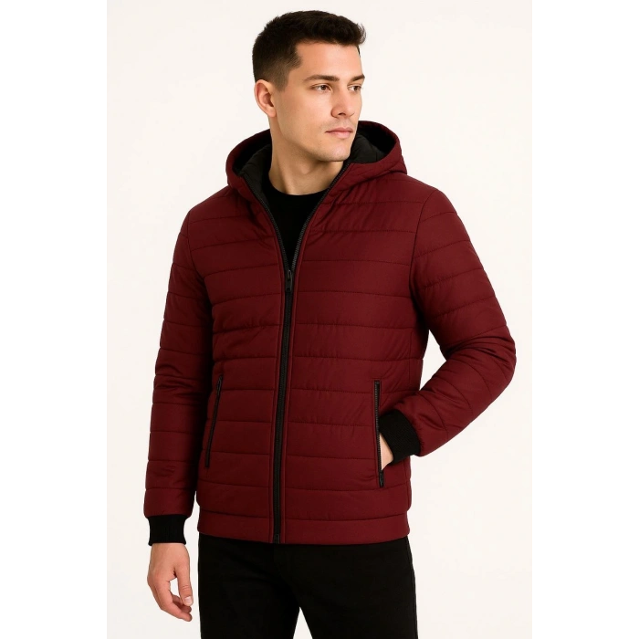 ERKEK ŞİŞME KAPÜŞONLU FERMUARLI MONT SU İTİCİ KAPİTONE ASTARLI KUMAŞ CEPLİ KIŞLIK RAHAT KALIP - BORDO