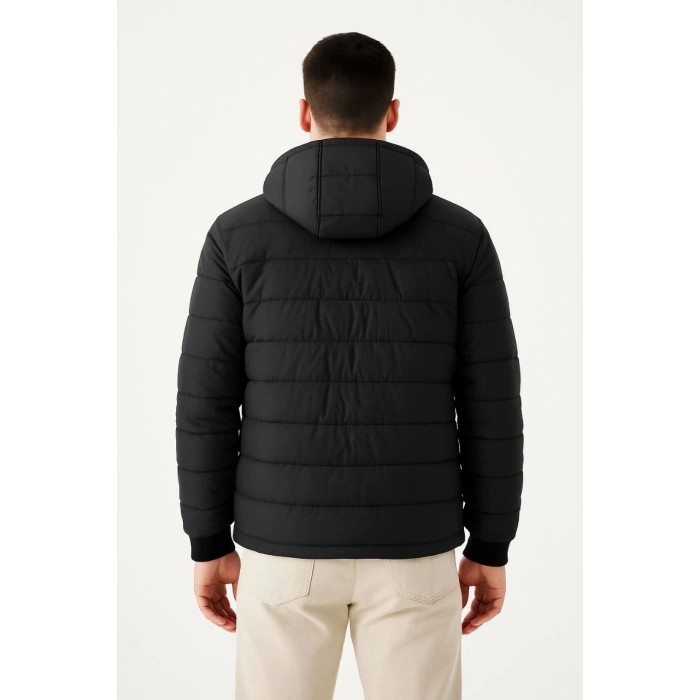ERKEK ŞİŞME KAPÜŞONLU FERMUARLI MONT SU İTİCİ KAPİTONE ASTARLI KUMAŞ CEPLİ KIŞLIK RAHAT KALIP - SİYAH