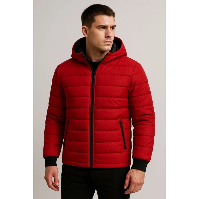 ERKEK ŞİŞME KAPÜŞONLU FERMUARLI MONT SU İTİCİ KAPİTONE ASTARLI KUMAŞ CEPLİ KIŞLIK RAHAT KALIP - KIRMIZI