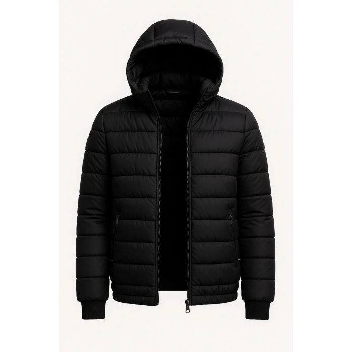 ERKEK ŞİŞME KAPÜŞONLU FERMUARLI MONT SU İTİCİ KAPİTONE ASTARLI KUMAŞ CEPLİ KIŞLIK RAHAT KALIP - SİYAH